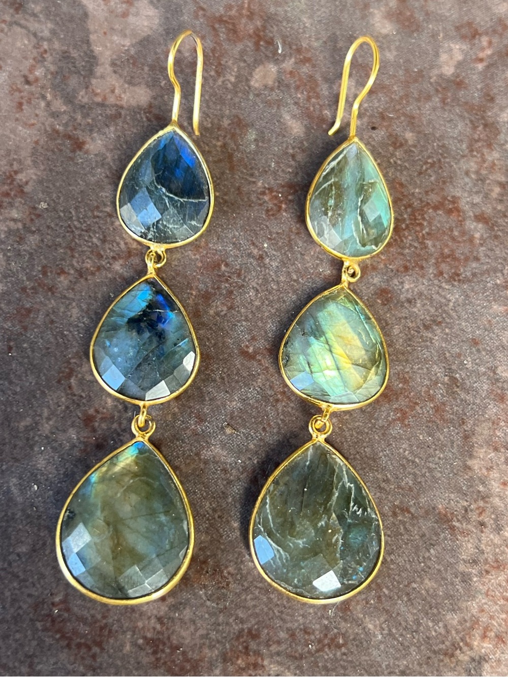 Labradorite 3 1/2 “ Teardrop Triple Dangle Earrings